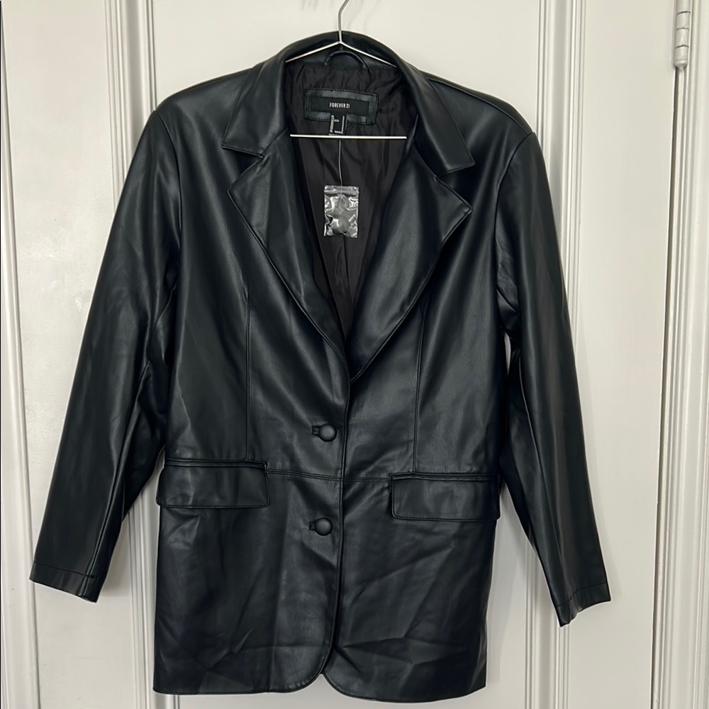 Forever 21 Black Blazer Jacket Faux Leather Size S NWT